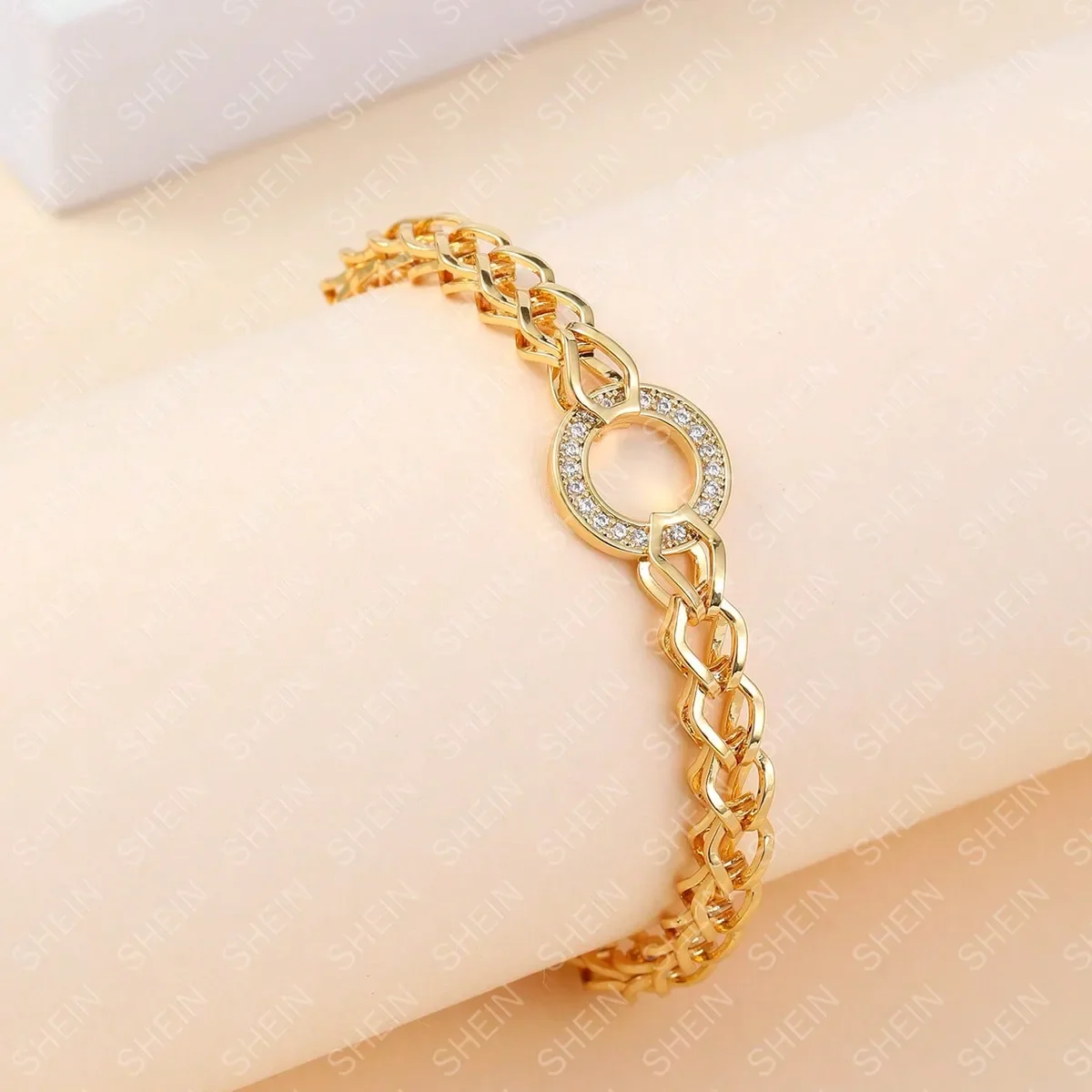 Bracelet Rond Zircon Maille Anneaux Plaqué Or 18K