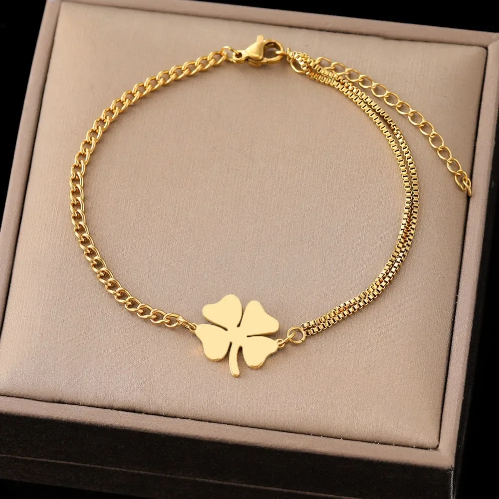 Bracelet Trèfle Double Chaîne Doré