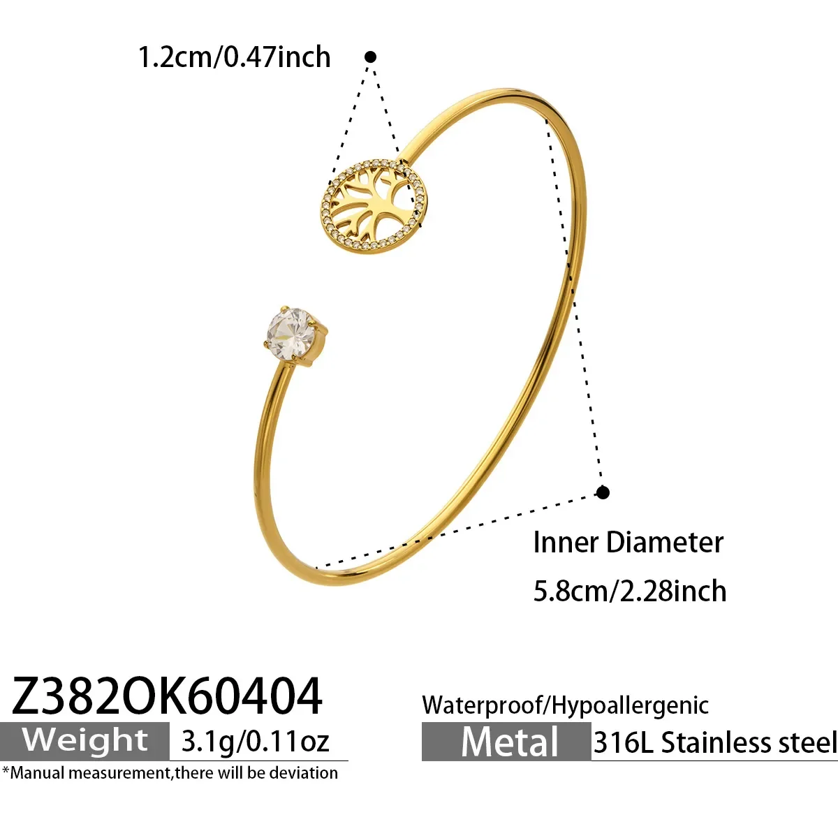 Bracelet Jonc Ouvert Arbre de Vie et Zircon