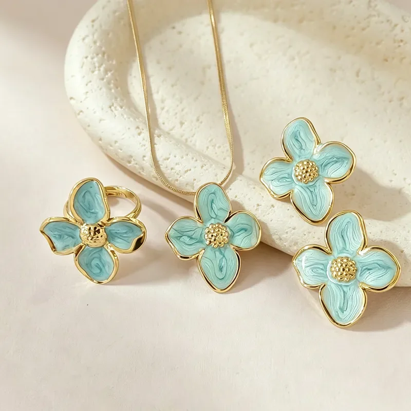 Ensemble Fleur Turquoise Bague Collier Boucles d'Oreilles