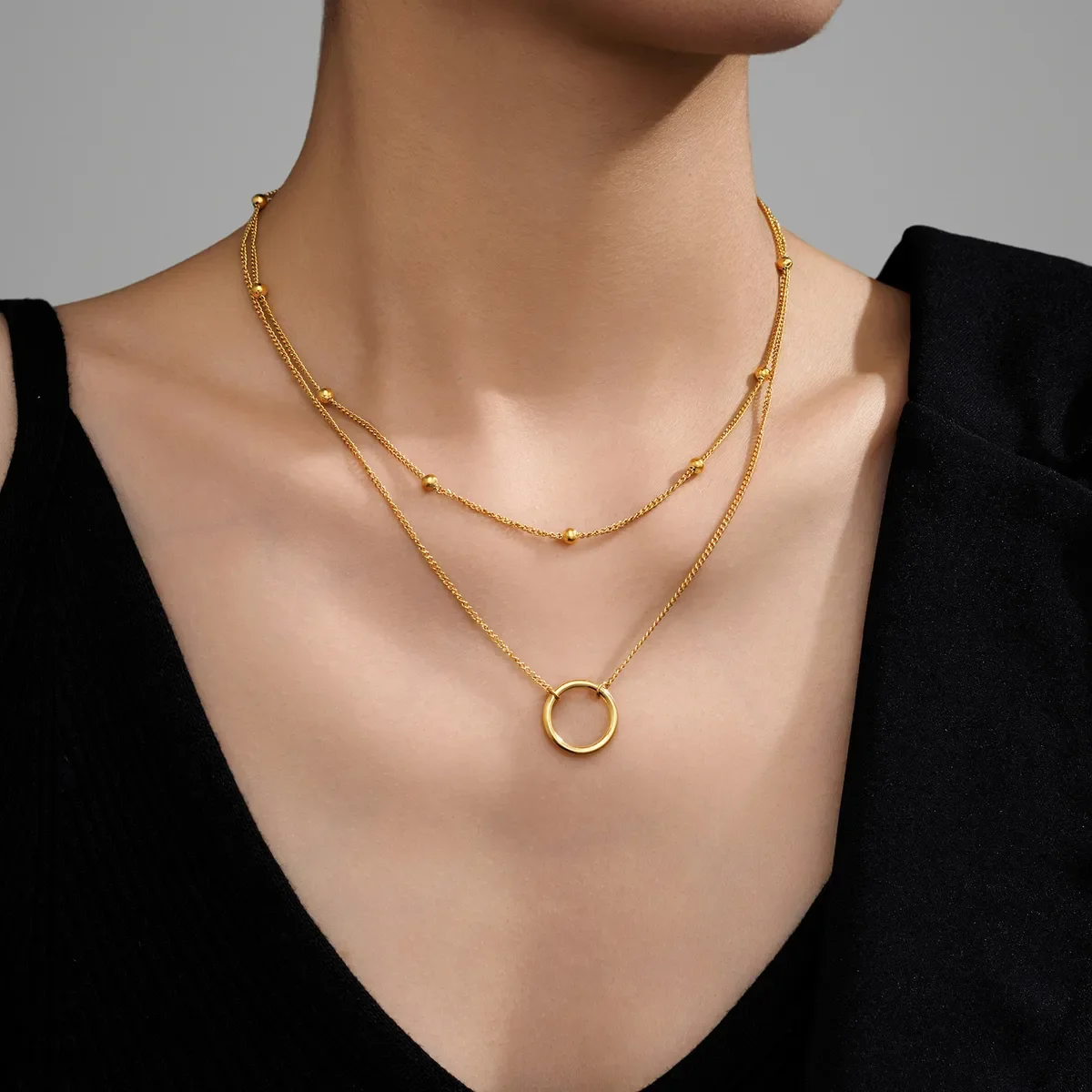 Collier Double Rang Anneau et Chaîne Perlée