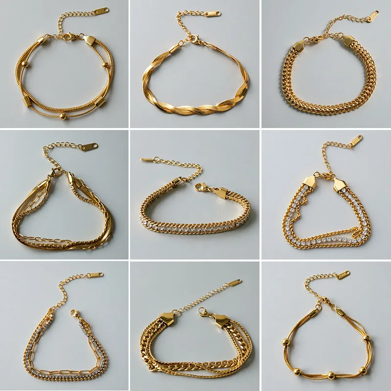 Bracelet femme en acier inoxydable 304 plaqué or 18K avec strass