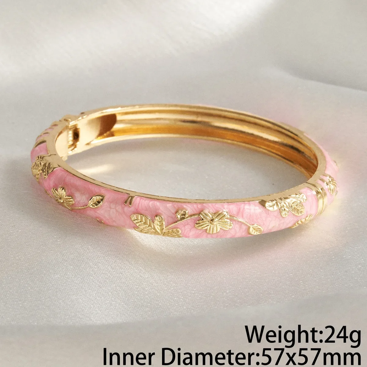 Bracelet Jonc Émail Rose Motif Floral Doré