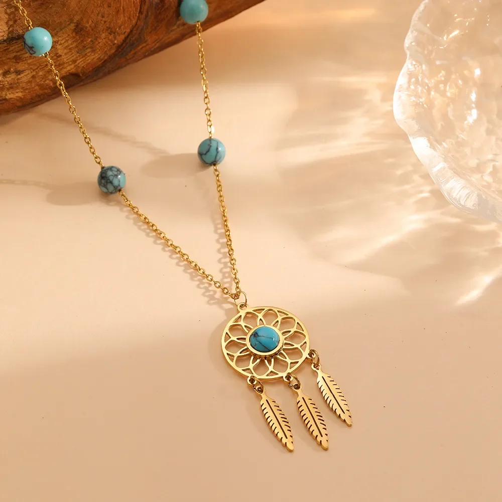 Collier Attrape-Rêves Turquoise et Plumes
