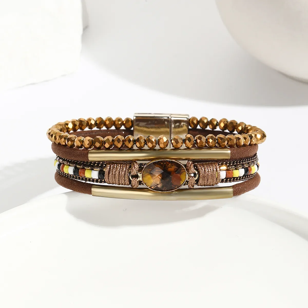 Bracelet Multi-Rangs Cuir Marron