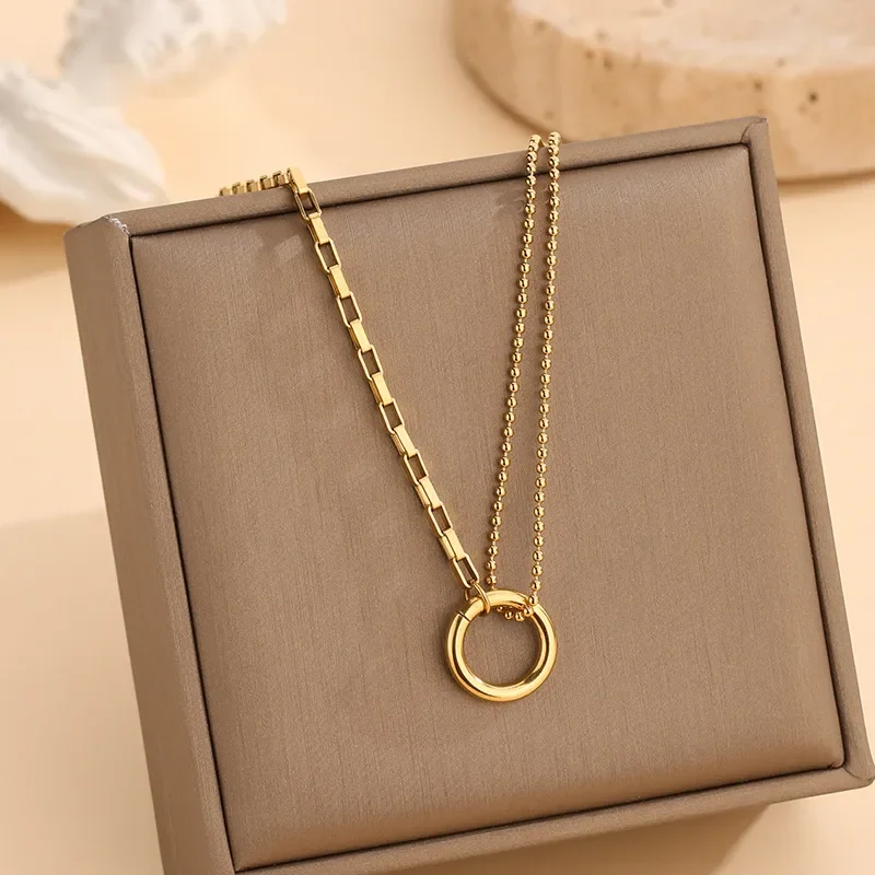 Collier Double Chaîne Anneau Plaqué Or 18K