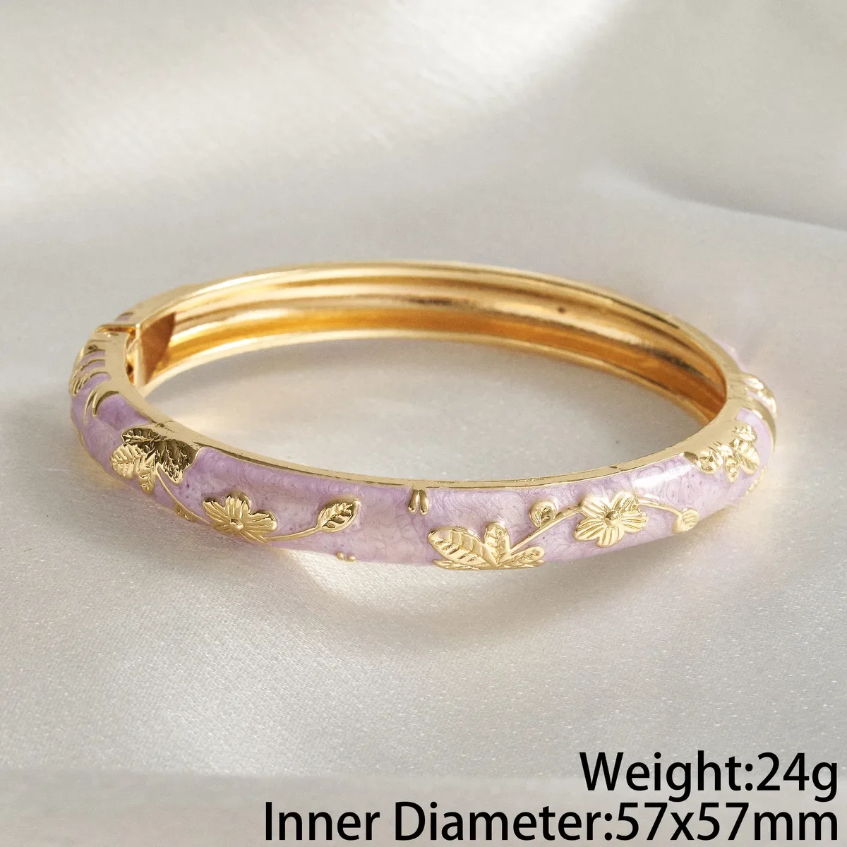 Bracelet Jonc Émail Violet Motif Floral Doré