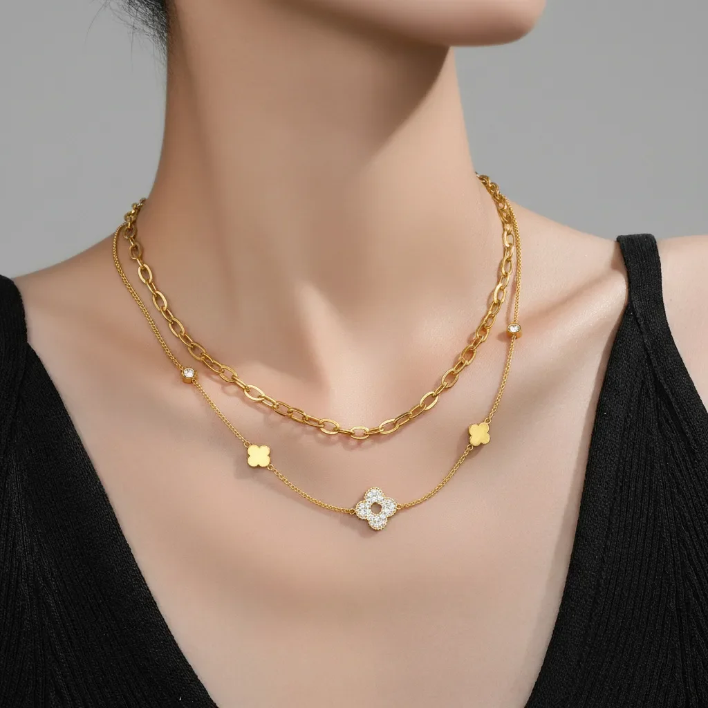 Collier Double Rang Pendentif Losange Perle