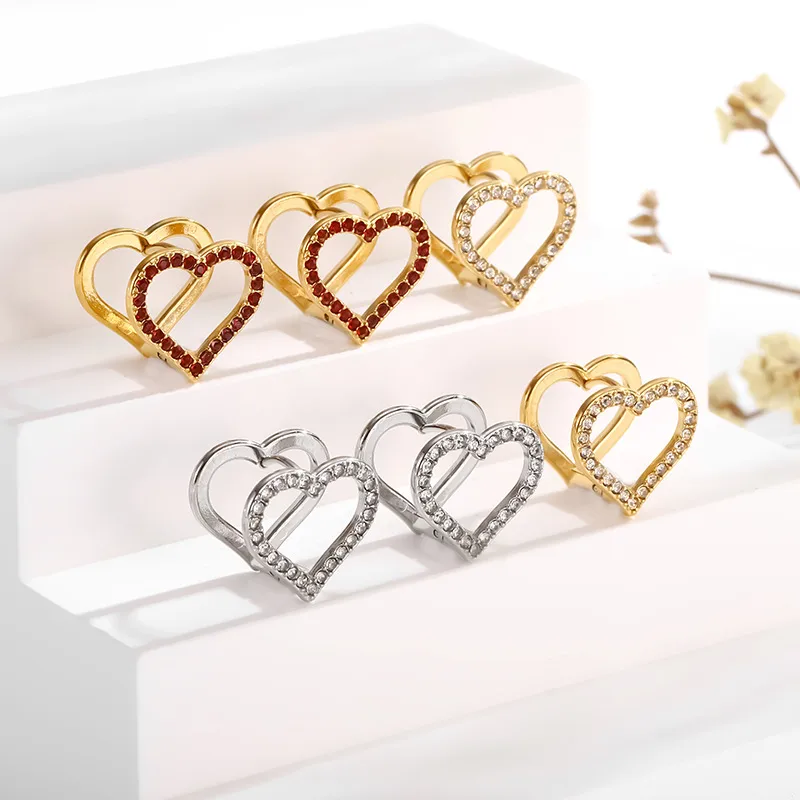 Boucles d'oreilles en acier inoxydable doubles cœur zircon creux