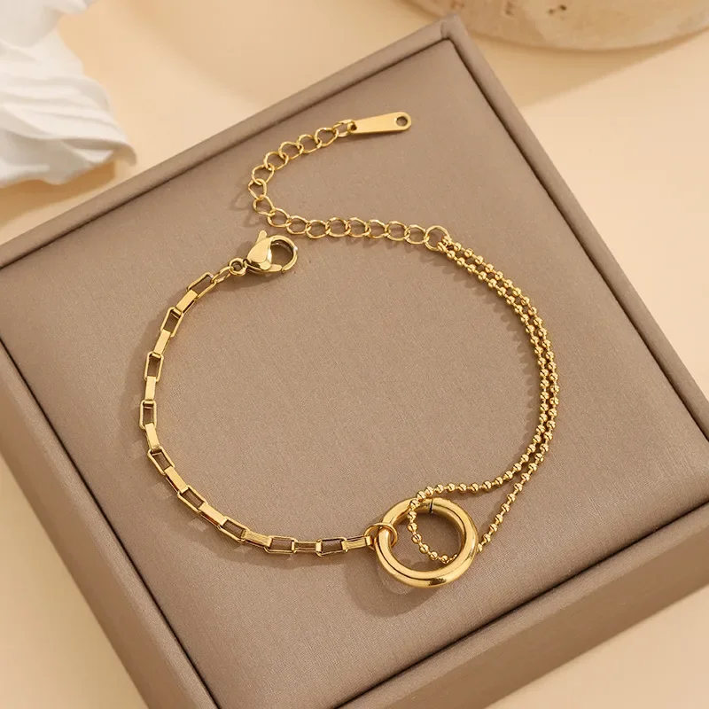 Bracelet Double Chaîne Anneau Plaqué Or 18K