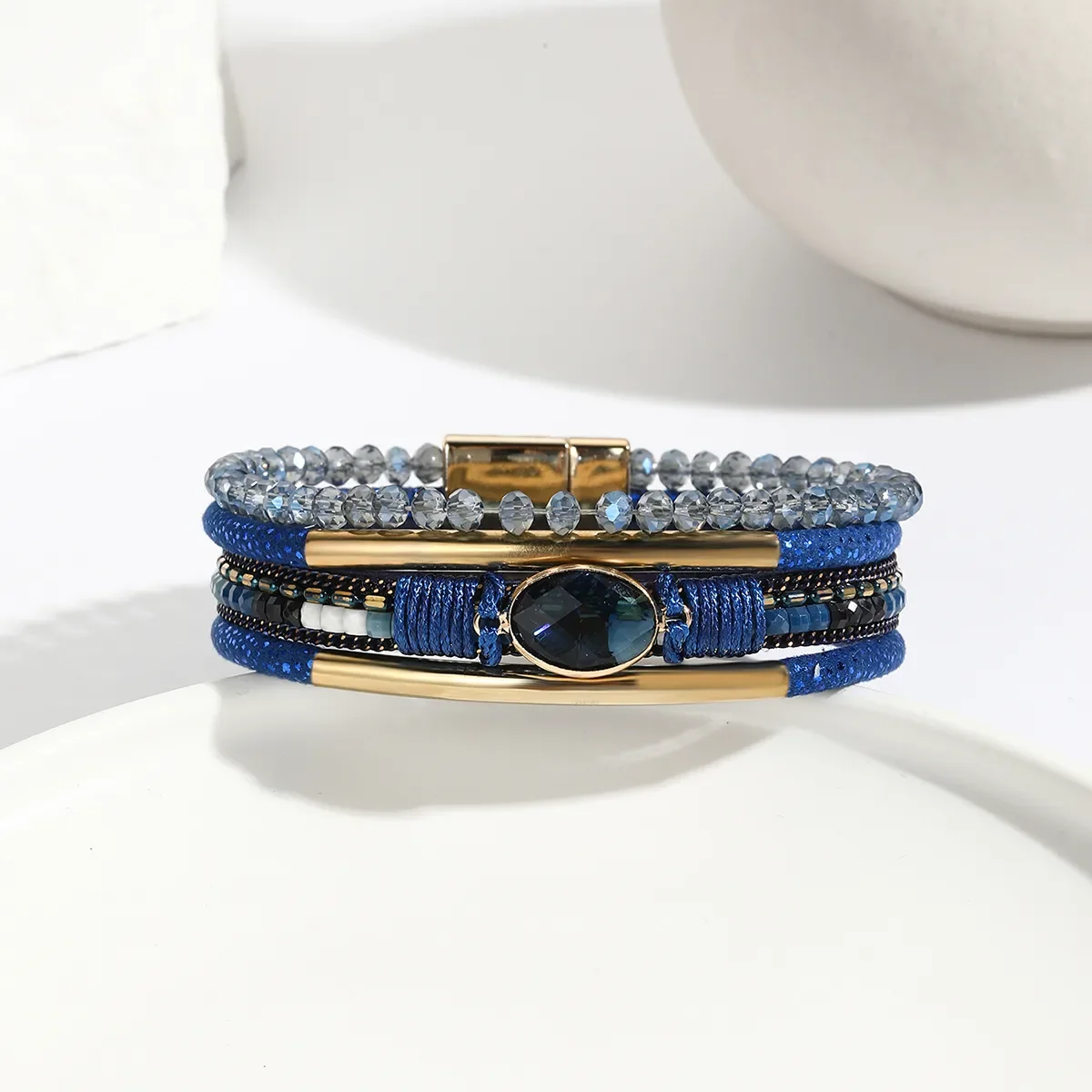 Bracelet Multi-Rangs Cuir Bleu
