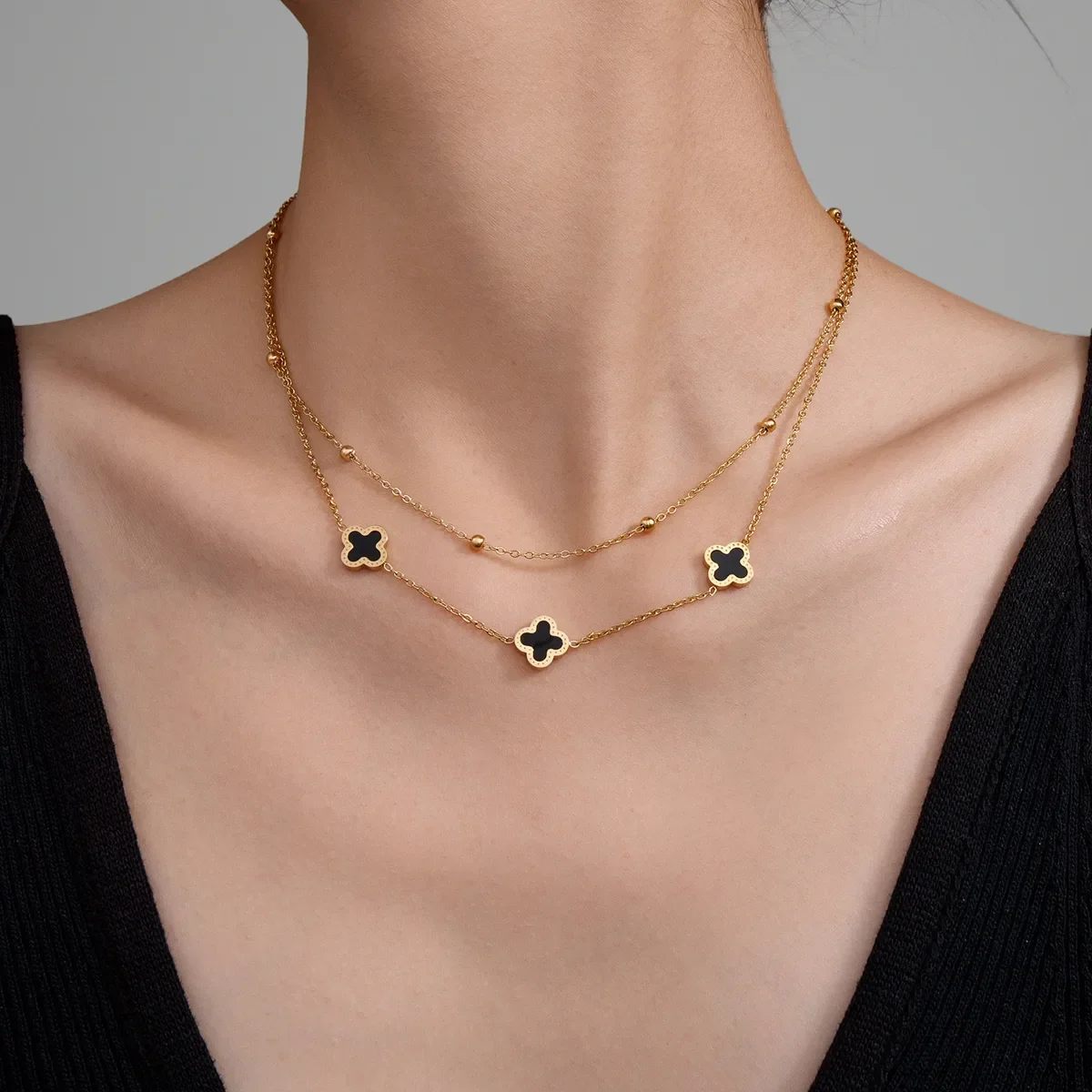 Collier Trèfle Nacre Noire Double Rang