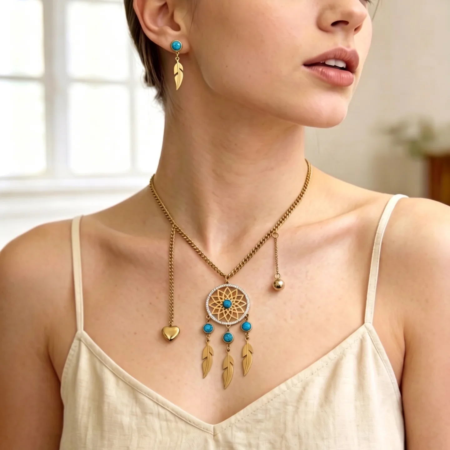 Ensemble bijoux bohème attrape-rêves en acier au titane avec œil du